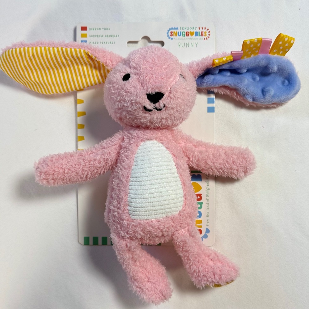 Sensory Snuggles Bunny Pink Plush Baby Toy Crinkle Ear Ribbon Make Believe Ideas